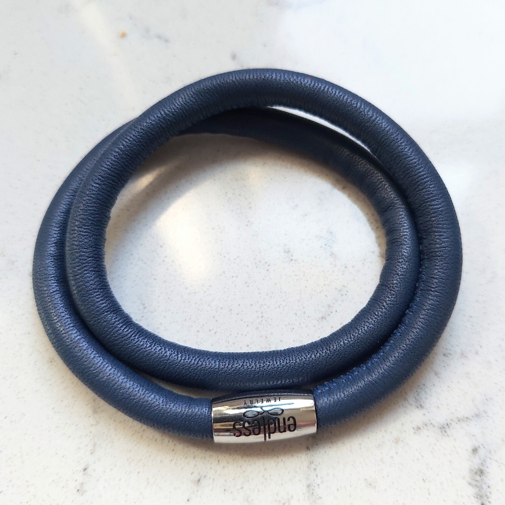 Endless Leather Charm Bracelet Double Wrap Dark Blue Magnetic Clasp